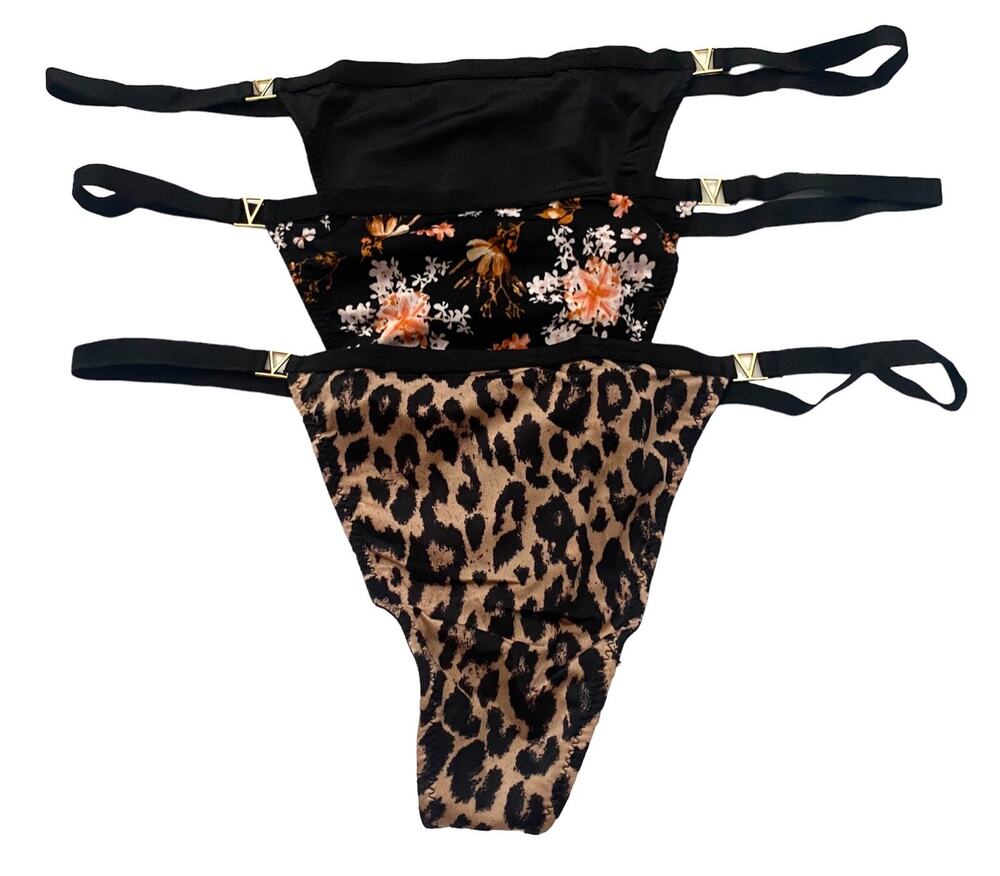 Victoria's Secret Leopard Black Floral Very Sexy Gold G V String Panty 3 Pack XL